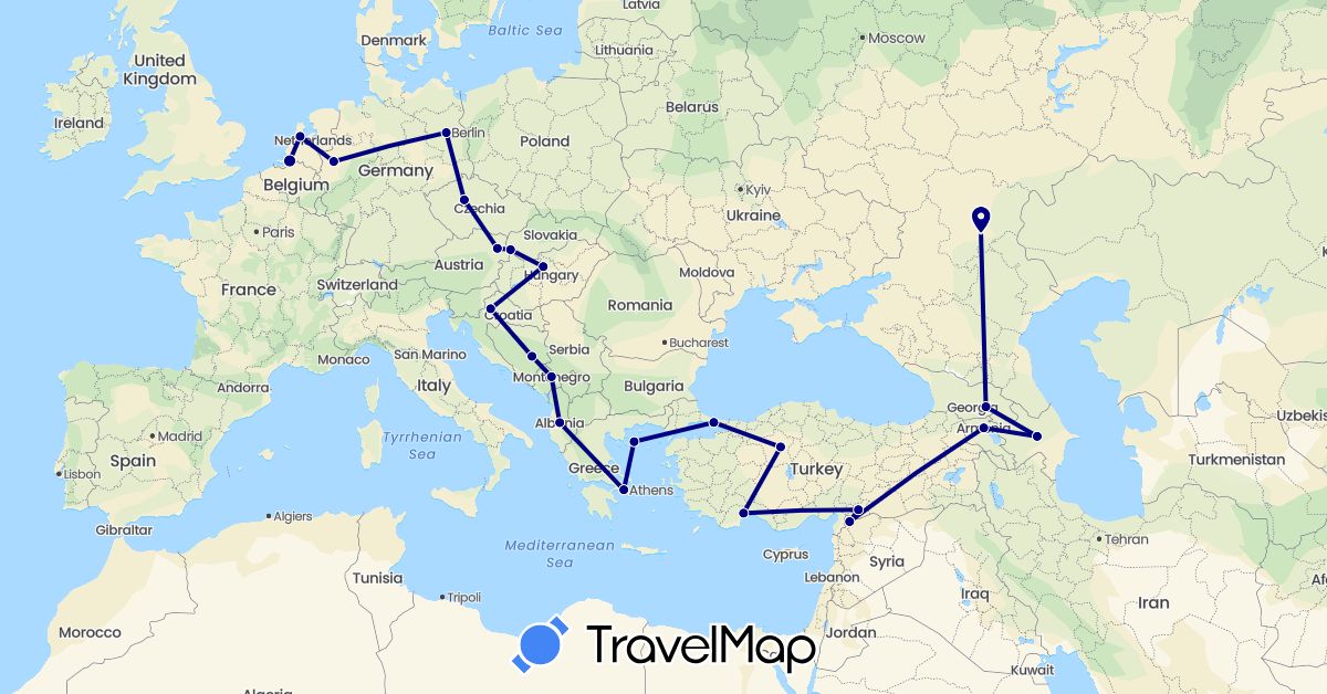 TravelMap itinerary: driving in Albania, Armenia, Austria, Azerbaijan, Bosnia and Herzegovina, Czech Republic, Germany, Georgia, Greece, Croatia, Hungary, Montenegro, Netherlands, Russia, Slovakia, Syria, Turkey (Asia, Europe)